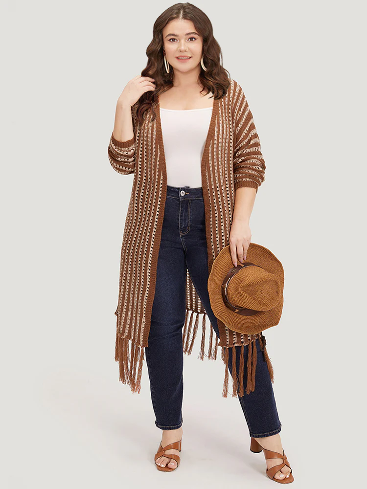 Striped Open Front Tassel Trim Hollow Out Cardigan - Image 3