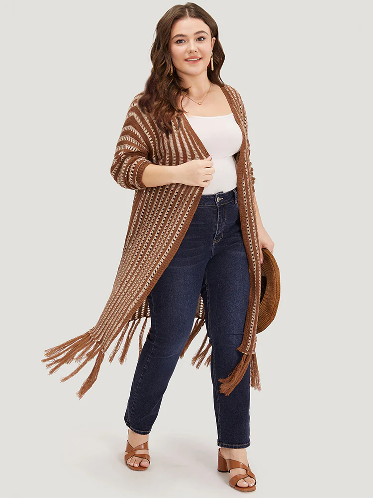 Striped Open Front Tassel Trim Hollow Out Cardigan - Image 4