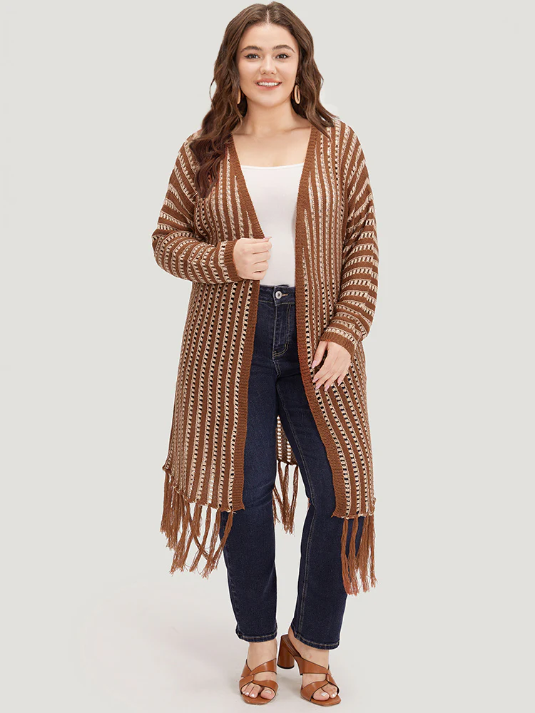 Striped Open Front Tassel Trim Hollow Out Cardigan - Image 5