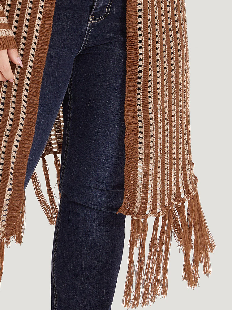Striped Open Front Tassel Trim Hollow Out Cardigan - Image 6