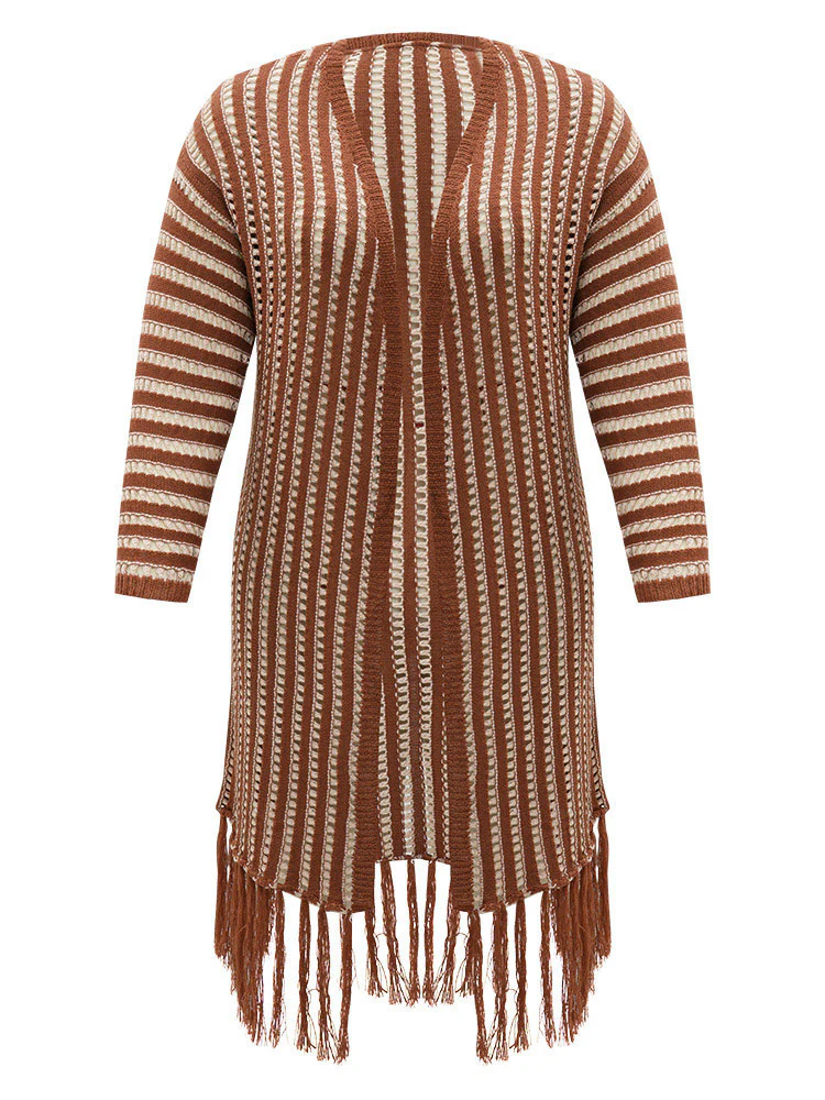 Striped Open Front Tassel Trim Hollow Out Cardigan - Image 7