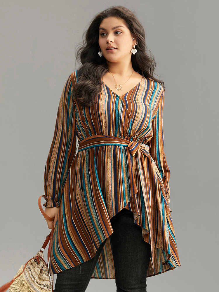 Striped Overlap Collar Arc Hem Belted Blouse