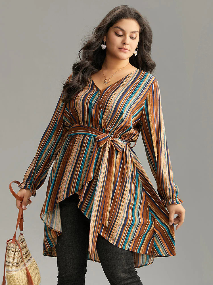 Striped Overlap Collar Arc Hem Belted Blouse - Image 2