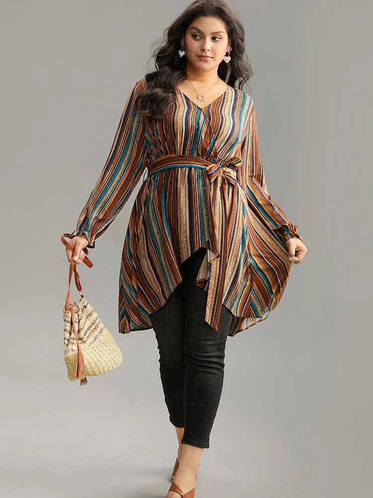 Striped Overlap Collar Arc Hem Belted Blouse - Image 3