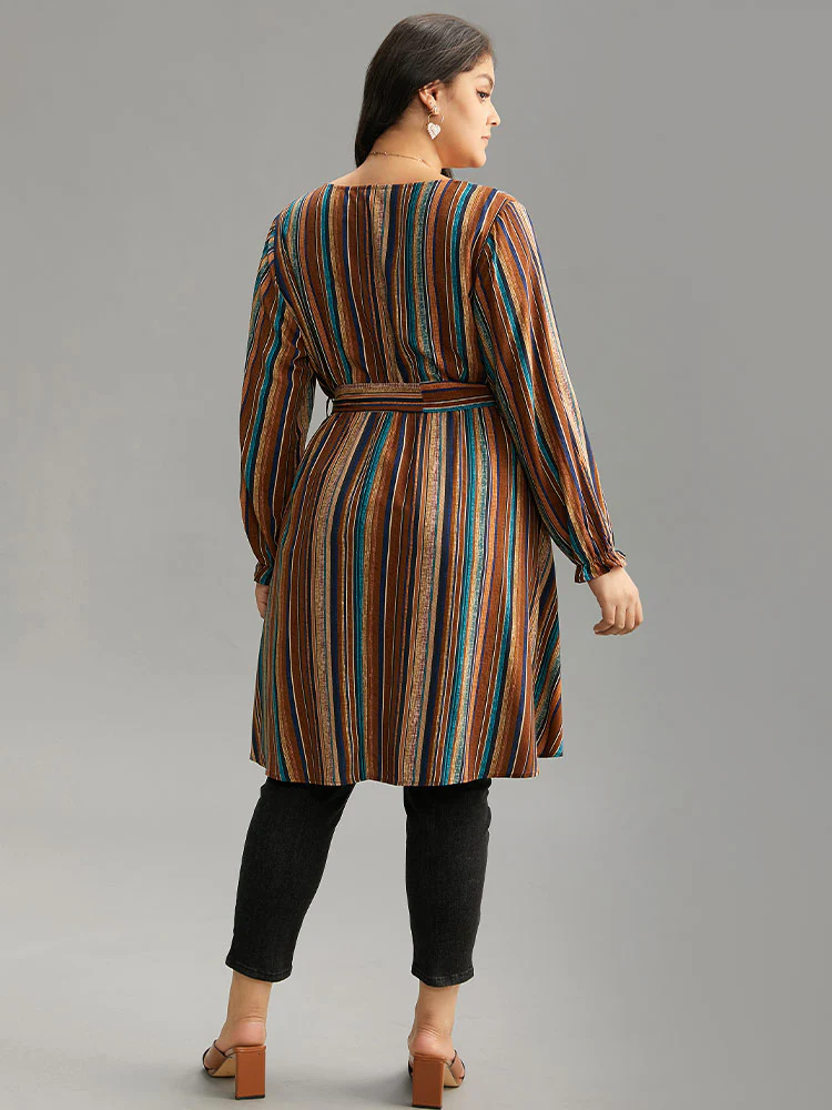 Striped Overlap Collar Arc Hem Belted Blouse - Image 4