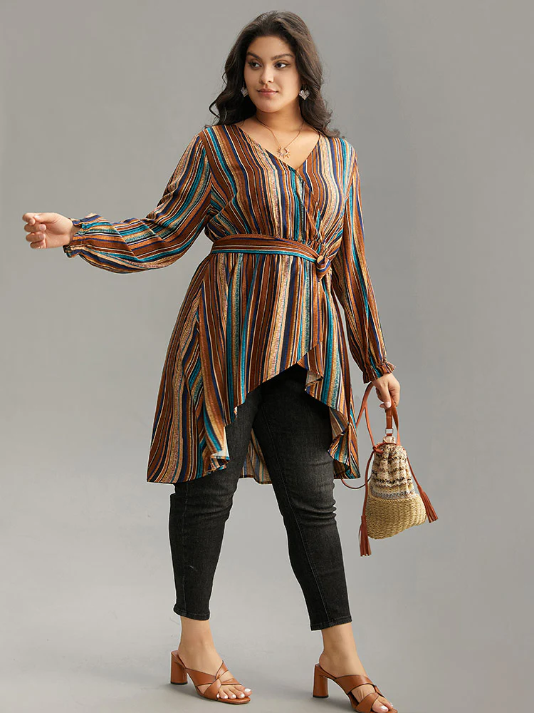 Striped Overlap Collar Arc Hem Belted Blouse - Image 5