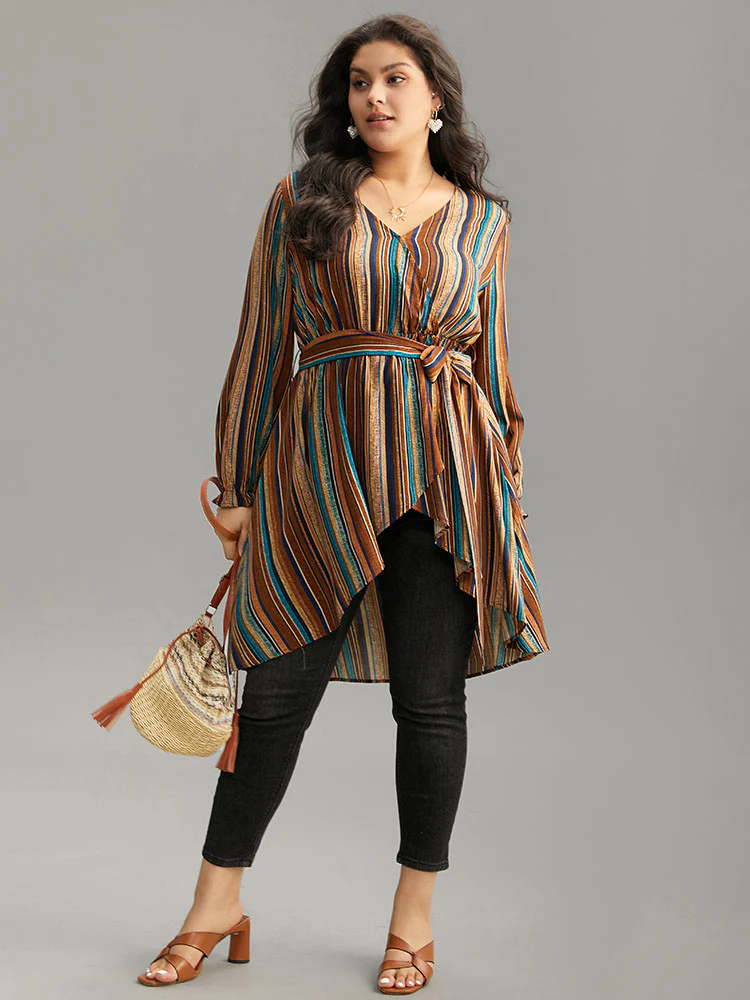 Striped Overlap Collar Arc Hem Belted Blouse - Image 6