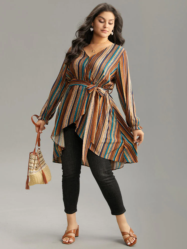 Striped Overlap Collar Arc Hem Belted Blouse - Image 7
