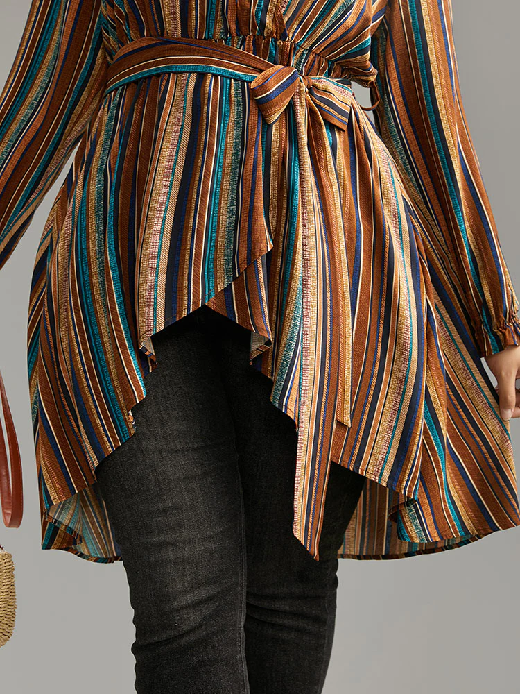 Striped Overlap Collar Arc Hem Belted Blouse - Image 8