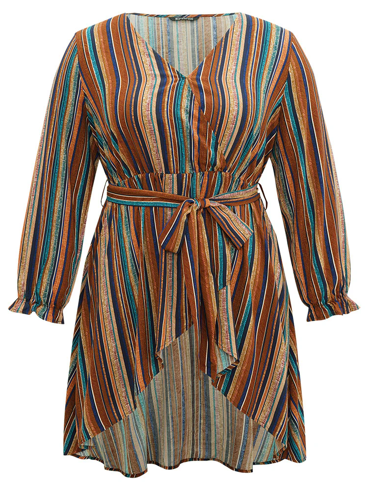 Striped Overlap Collar Arc Hem Belted Blouse - Image 9