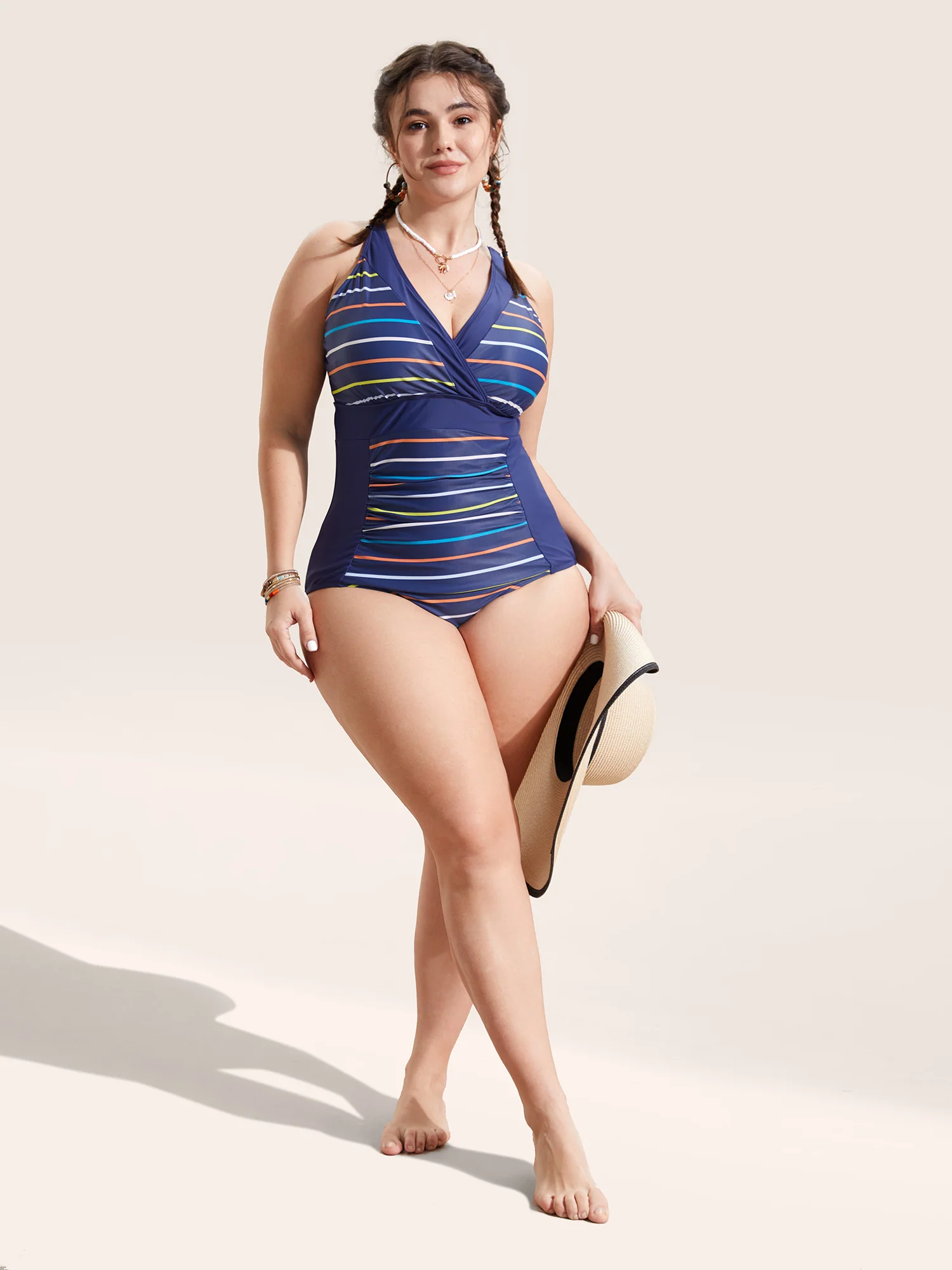 Striped Overlap Collar Ruched One Piece Swimsuit - Image 3