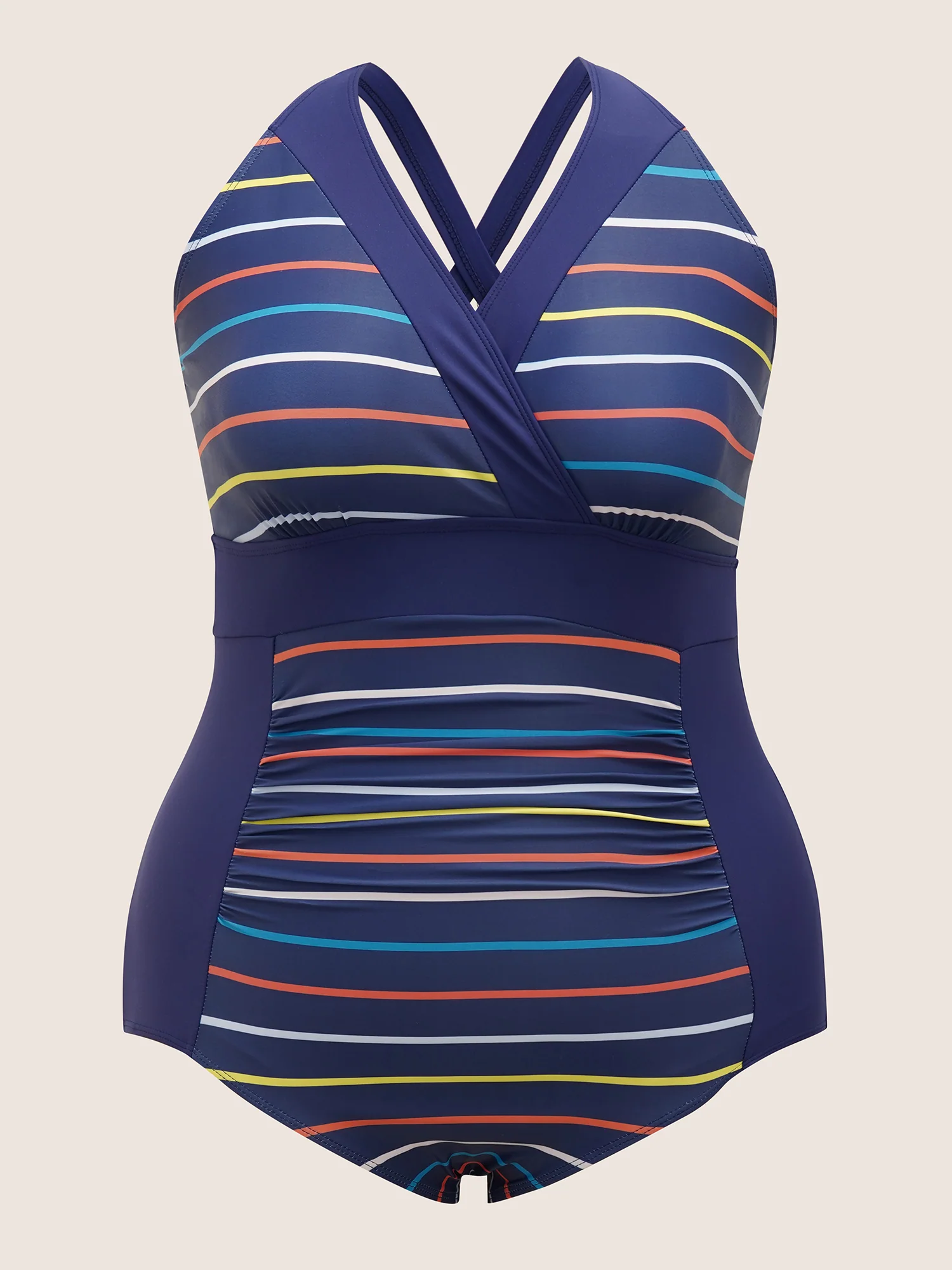 Striped Overlap Collar Ruched One Piece Swimsuit - Image 7