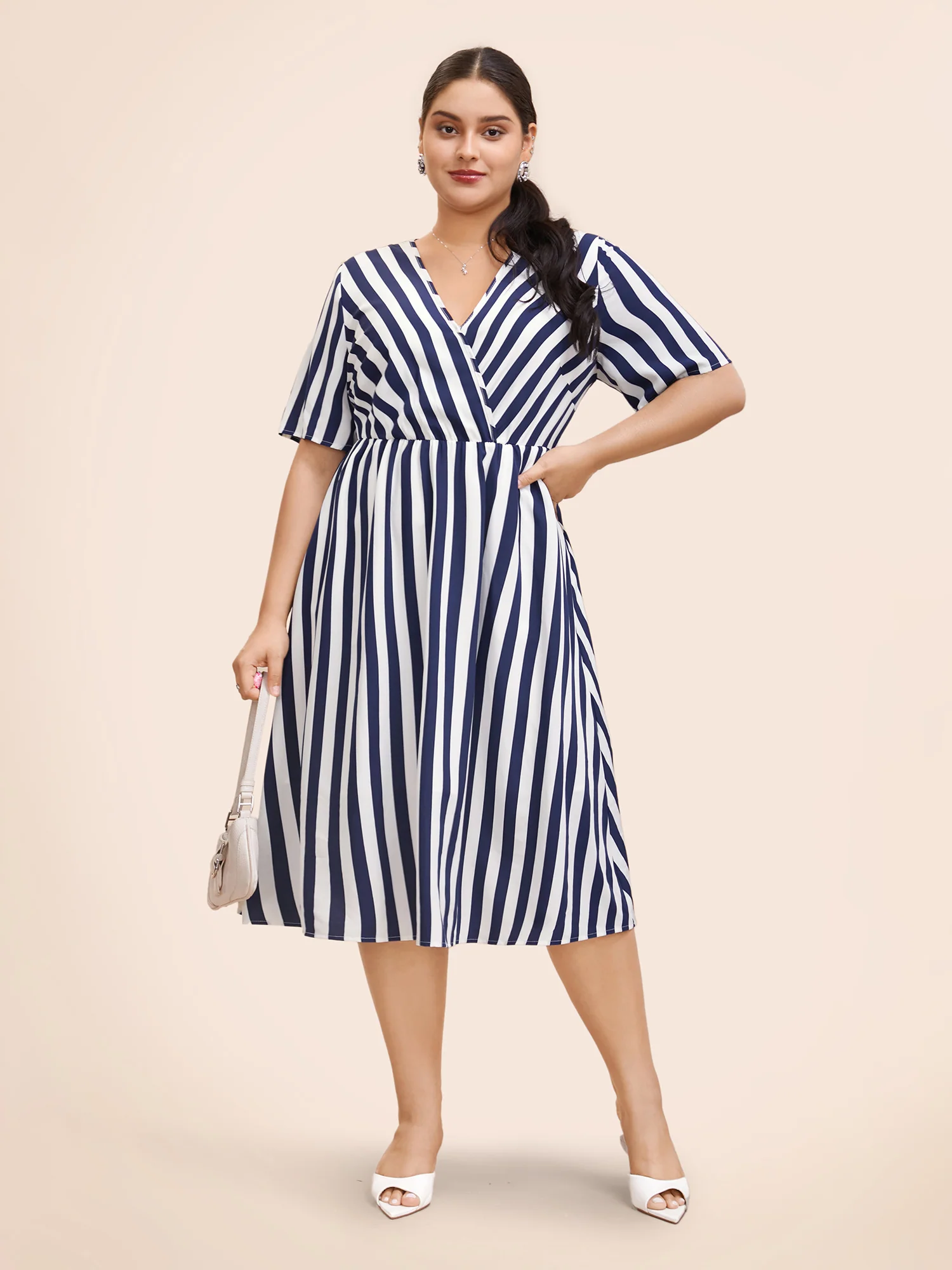 Striped Overlap Collar Ruffle Sleeve Midi Dress - Image 2