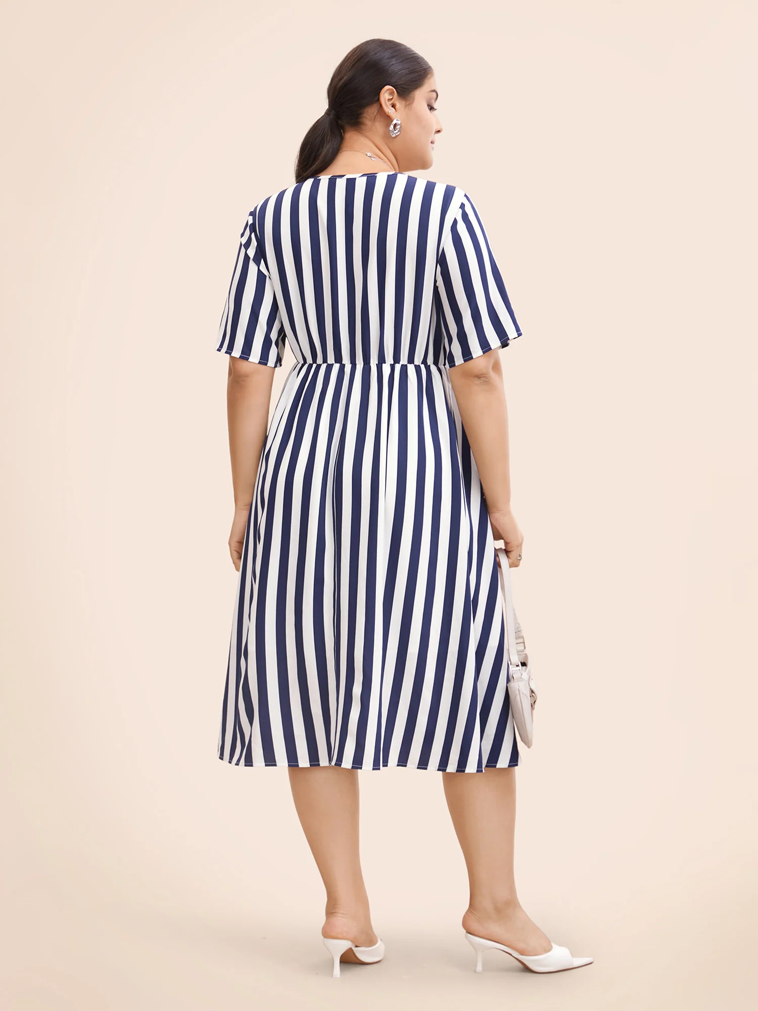 Striped Overlap Collar Ruffle Sleeve Midi Dress - Image 3