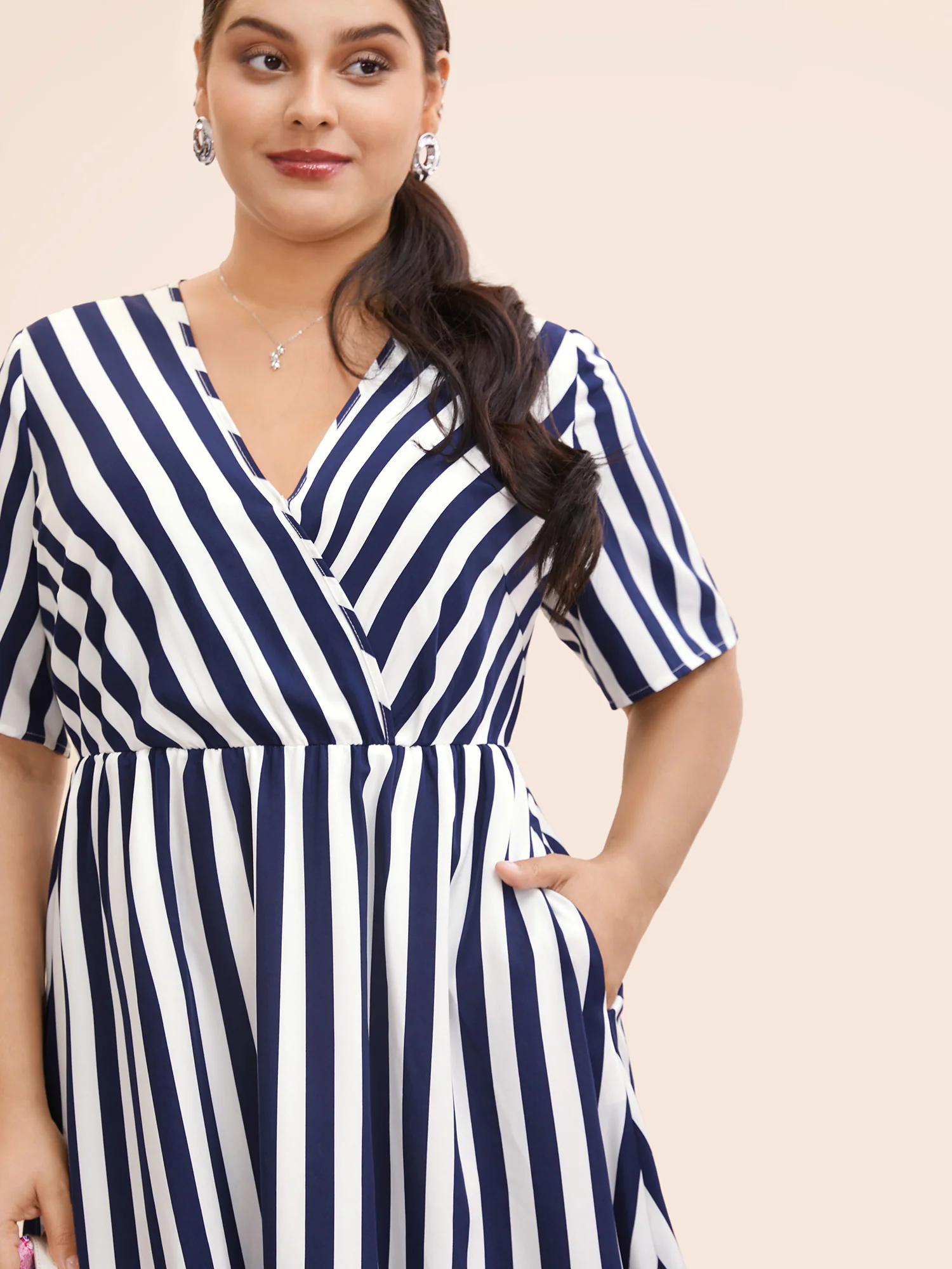 Striped Overlap Collar Ruffle Sleeve Midi Dress - Image 4