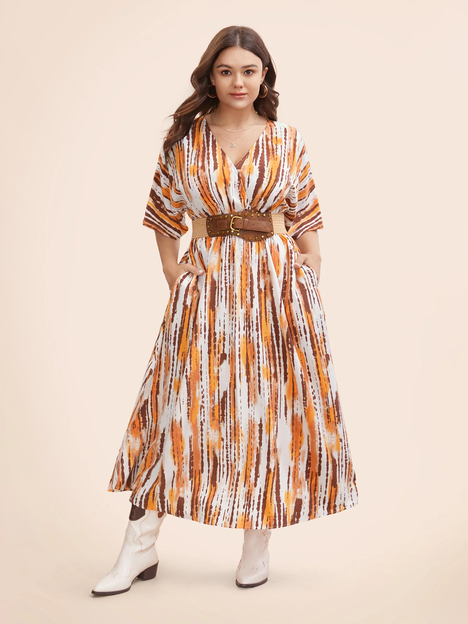Striped Overlap Collar Shirred Maxi Dress - Image 2