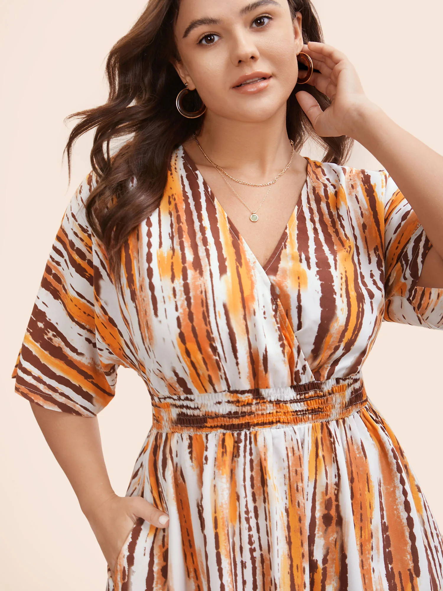 Striped Overlap Collar Shirred Maxi Dress - Image 3