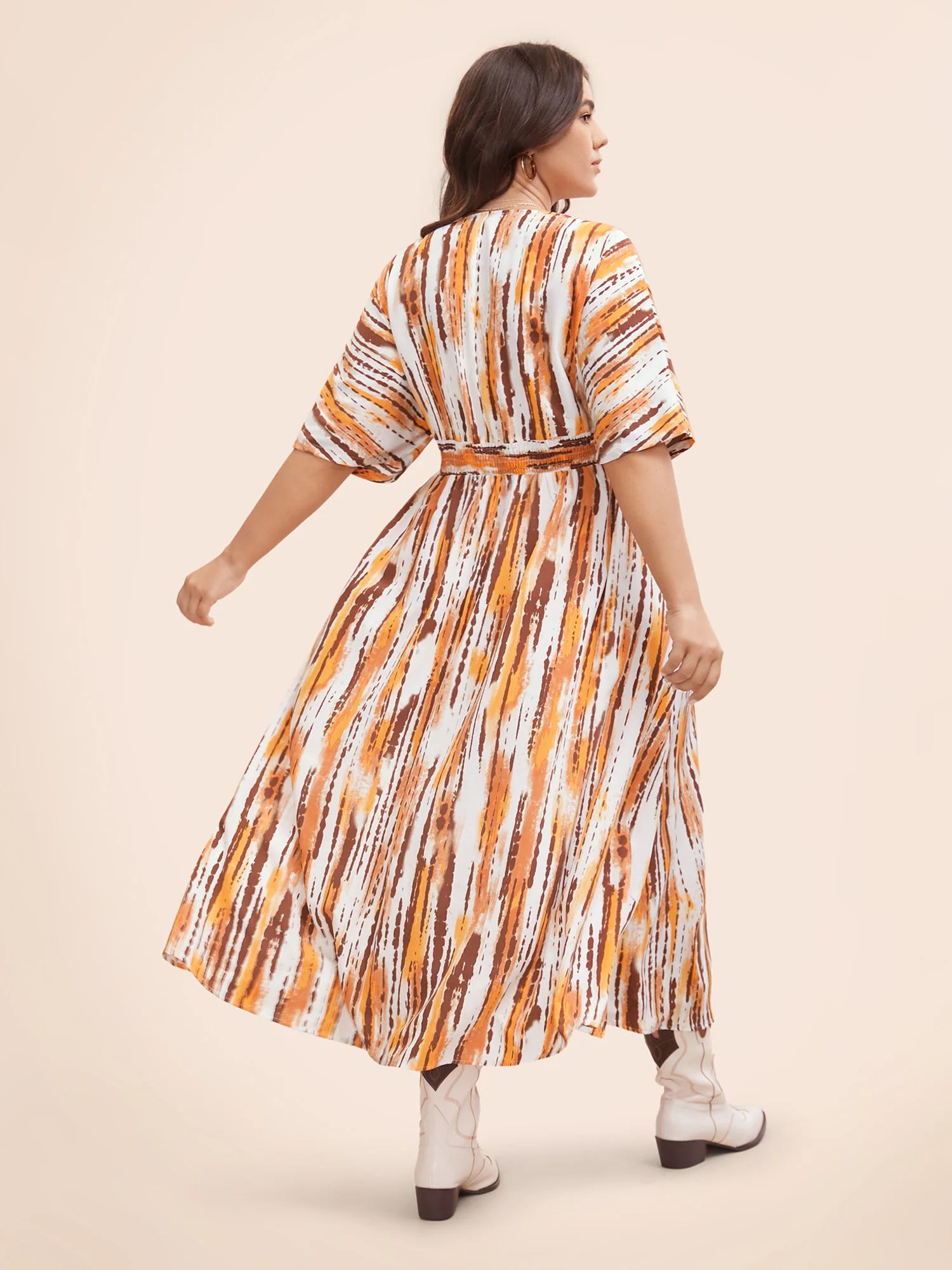 Striped Overlap Collar Shirred Maxi Dress - Image 4