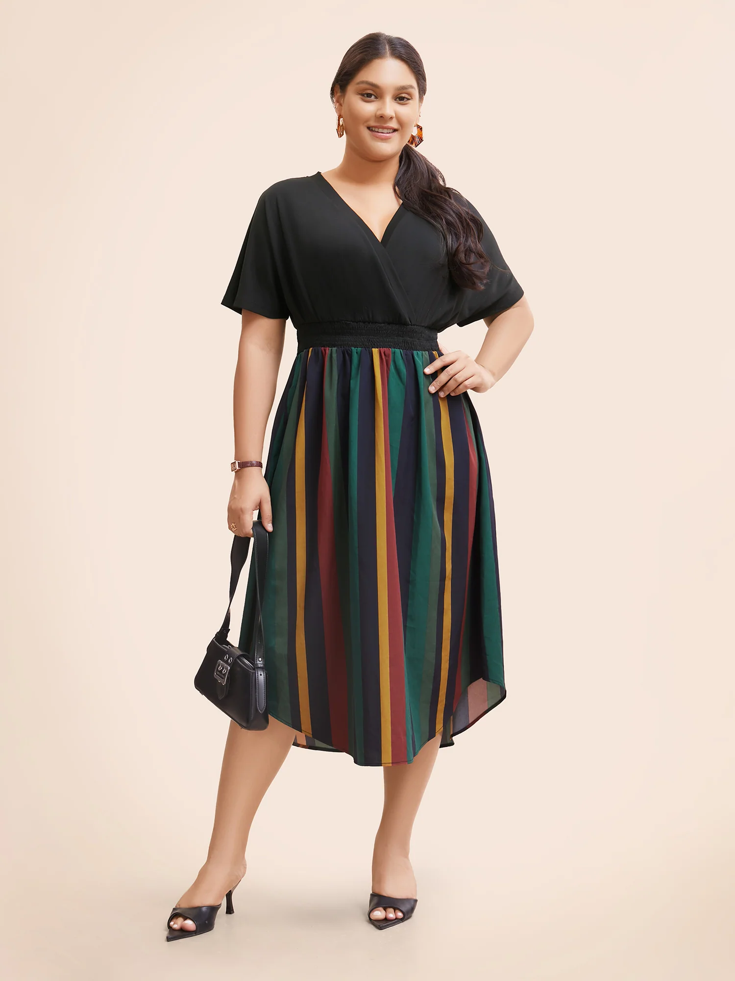 Striped Overlap Collar Shirred Midi Dress - Image 2
