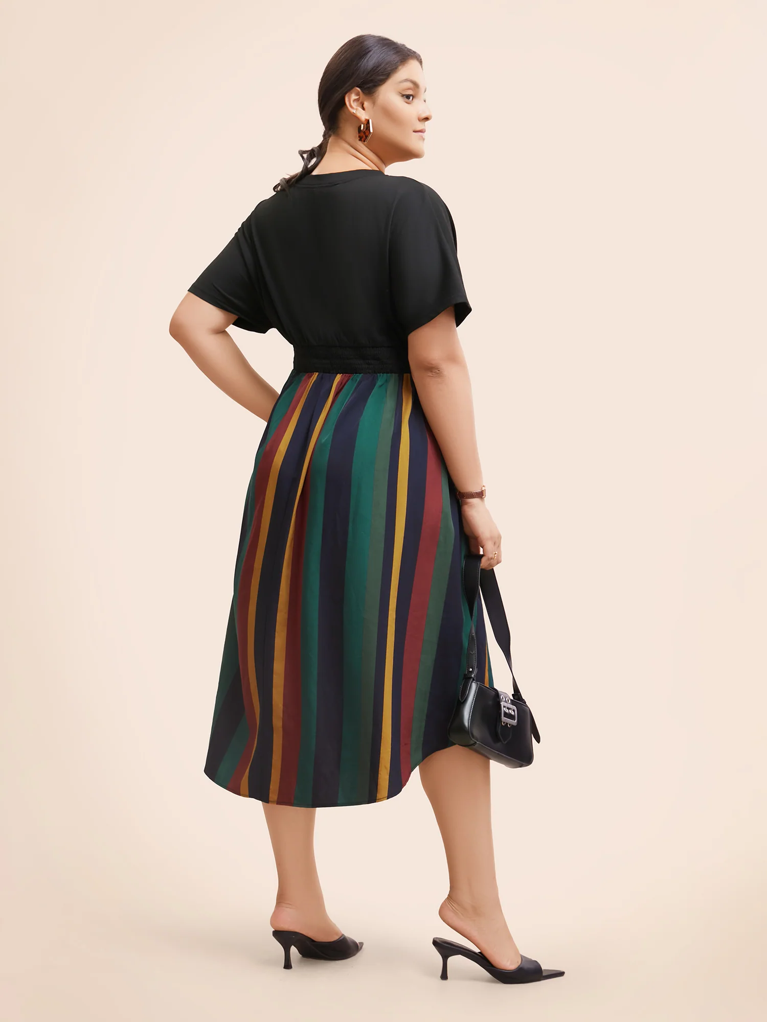 Striped Overlap Collar Shirred Midi Dress - Image 3