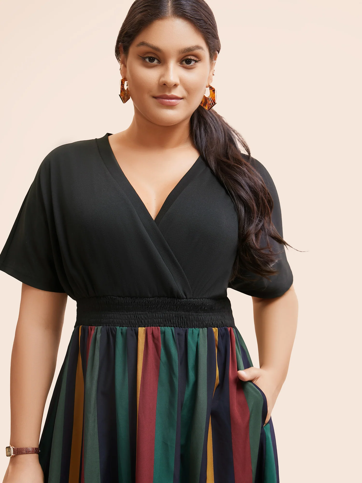Striped Overlap Collar Shirred Midi Dress - Image 4