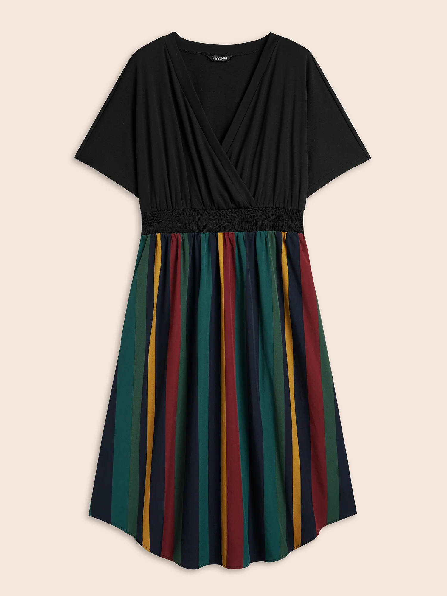 Striped Overlap Collar Shirred Midi Dress - Image 7