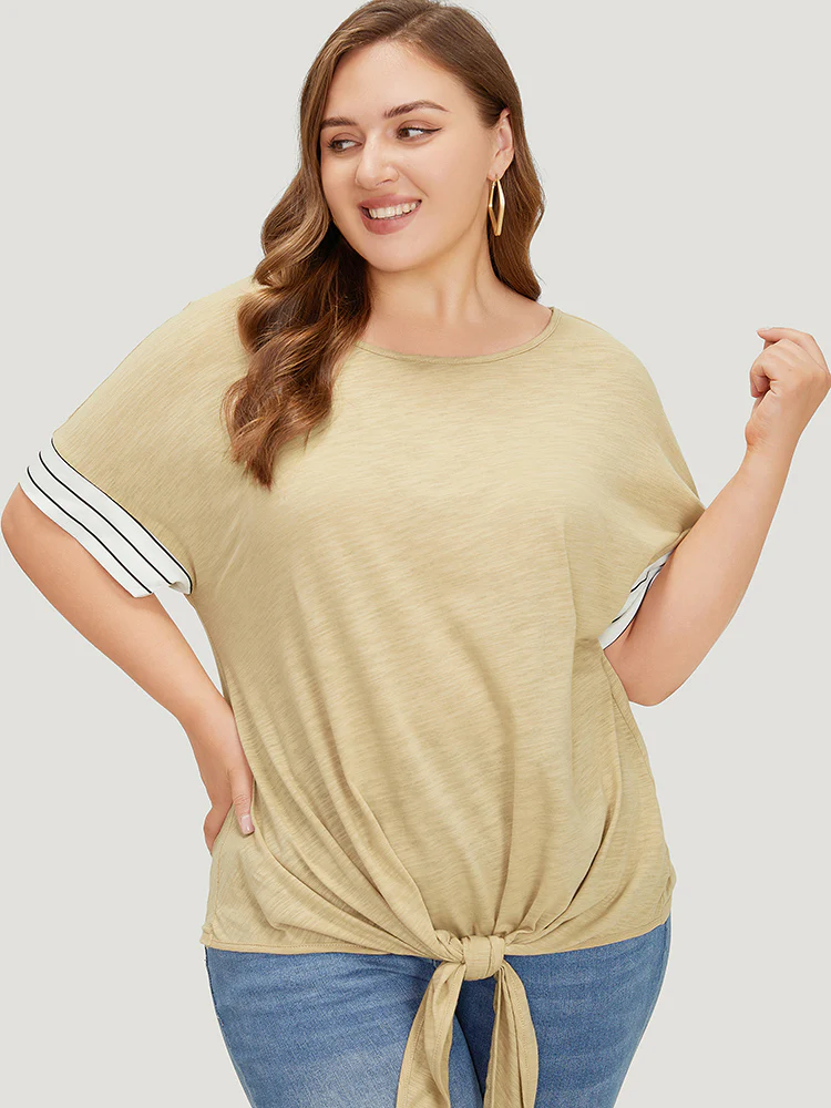 Striped Patchwork Knotted Hem Heather T-shirt - Image 2