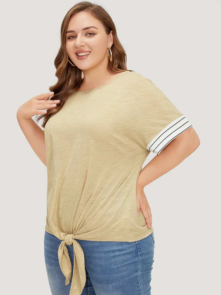 Striped Patchwork Knotted Hem Heather T-shirt - Image 3