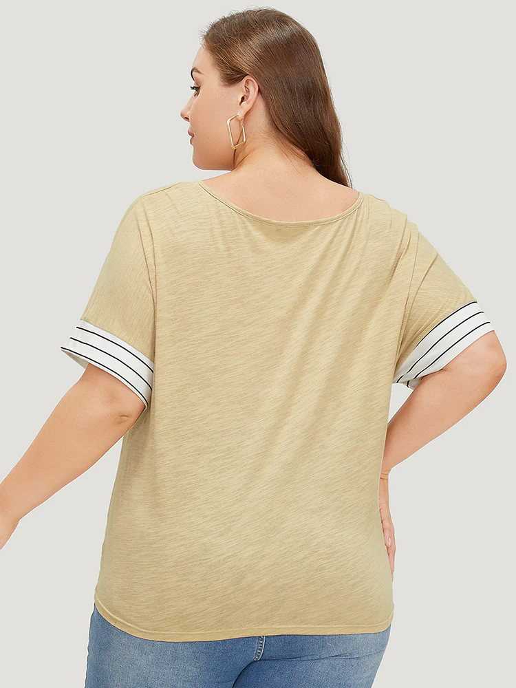 Striped Patchwork Knotted Hem Heather T-shirt - Image 4