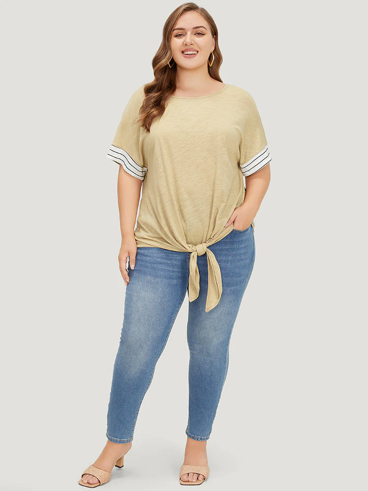 Striped Patchwork Knotted Hem Heather T-shirt - Image 5
