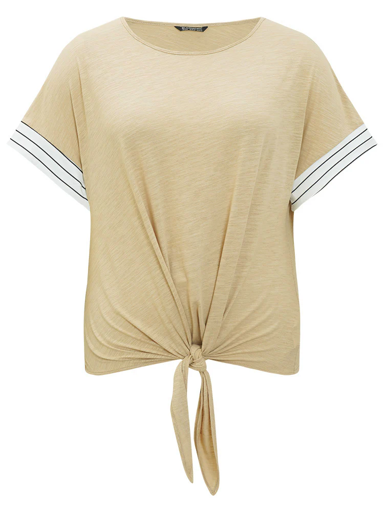 Striped Patchwork Knotted Hem Heather T-shirt - Image 9