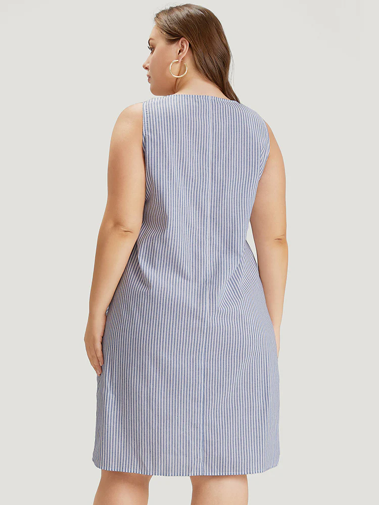 Striped Patched Pocket Adjustable Button Dress - Image 2