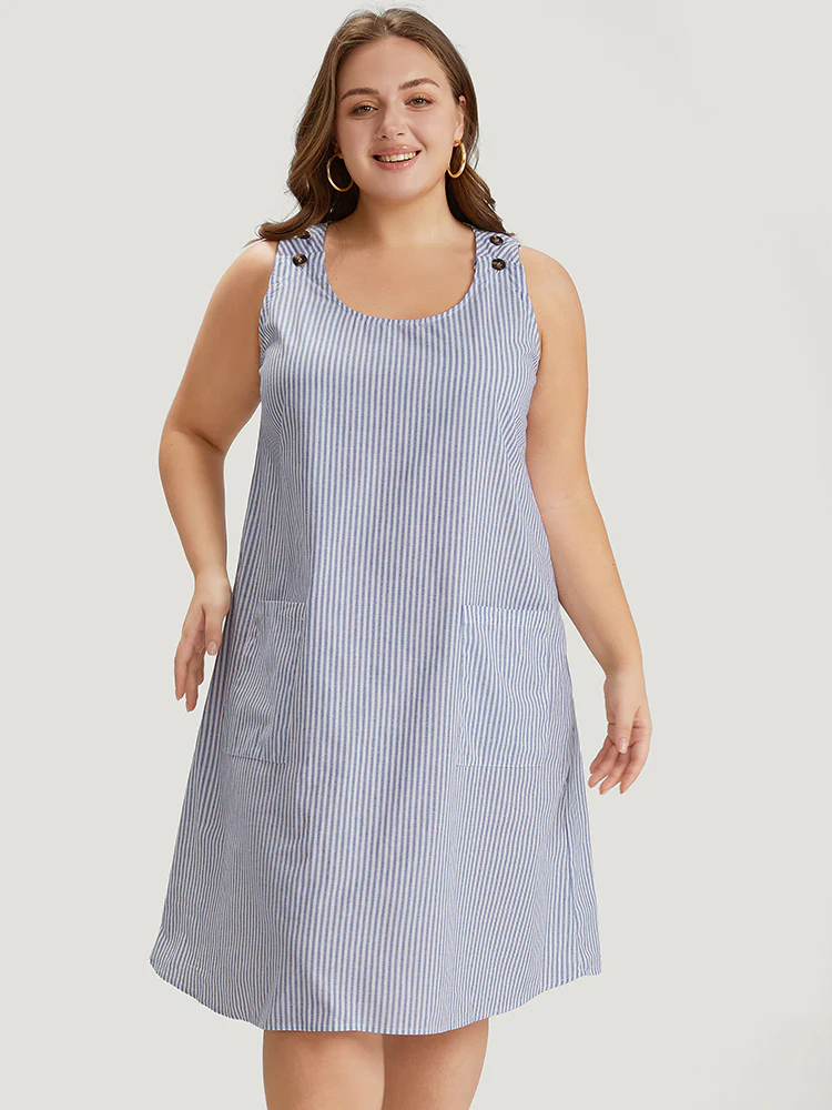 Striped Patched Pocket Adjustable Button Dress - Image 3