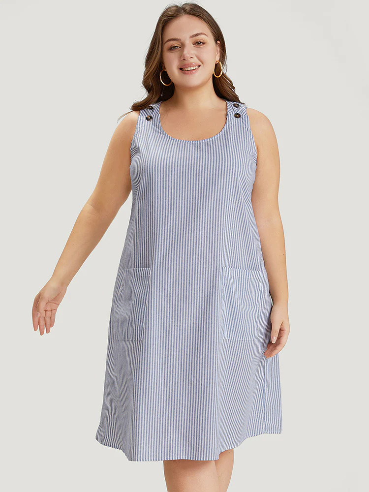 Striped Patched Pocket Adjustable Button Dress - Image 4