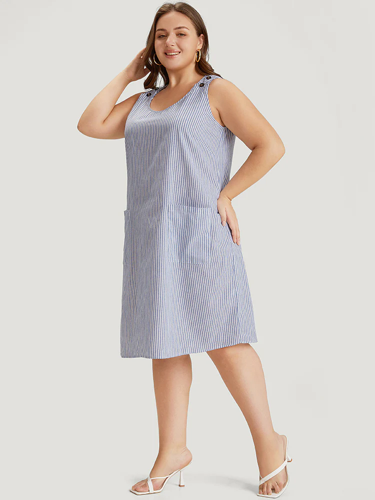 Striped Patched Pocket Adjustable Button Dress - Image 5