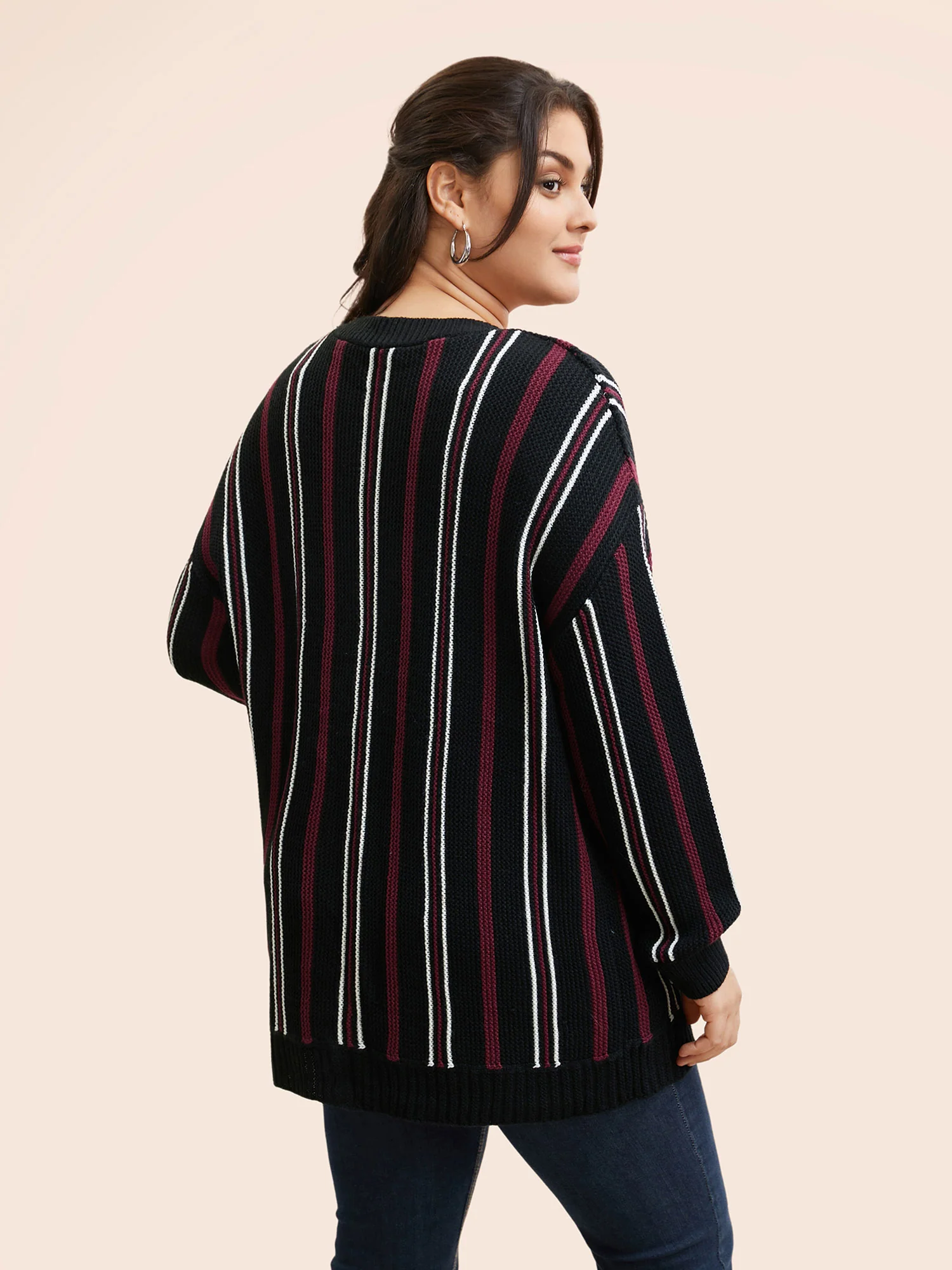 Striped Patched Pocket Drop Shoulder Cardigan - Image 2