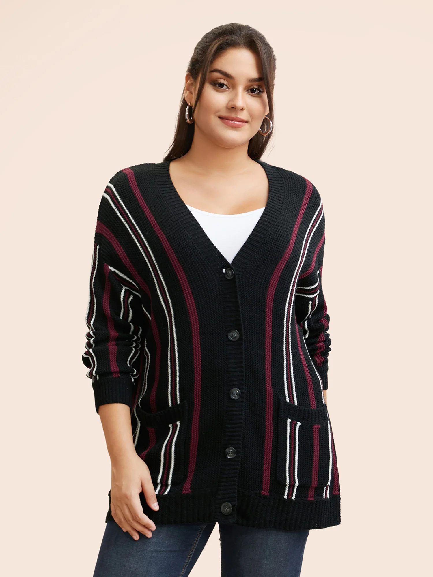 Striped Patched Pocket Drop Shoulder Cardigan - Image 3