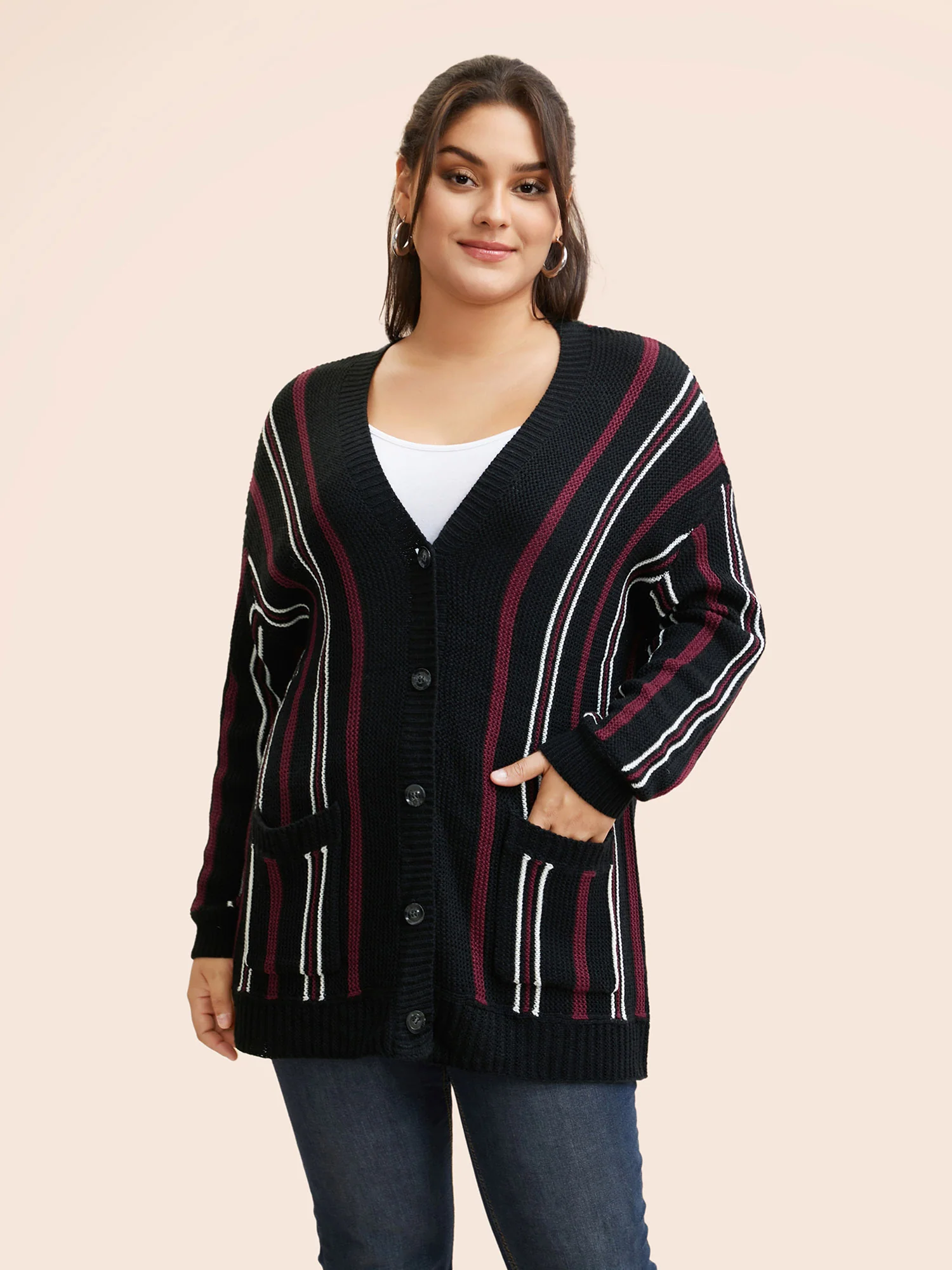 Striped Patched Pocket Drop Shoulder Cardigan - Image 4