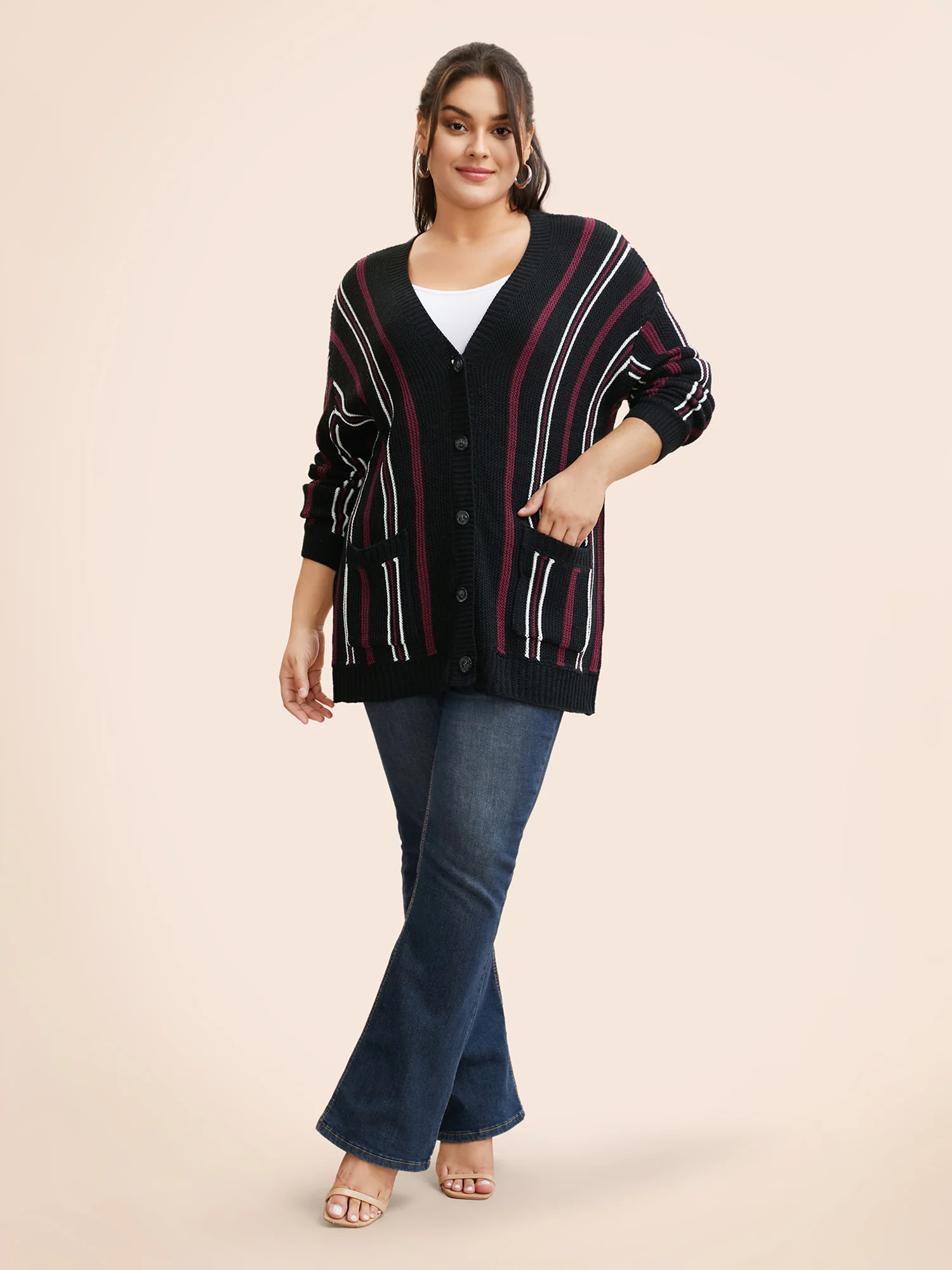 Striped Patched Pocket Drop Shoulder Cardigan - Image 5