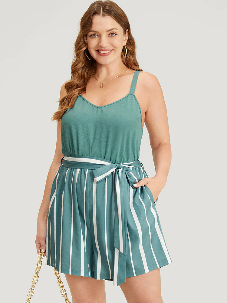 Striped Patchwork Belt Pocket Cami Romper - Image 3