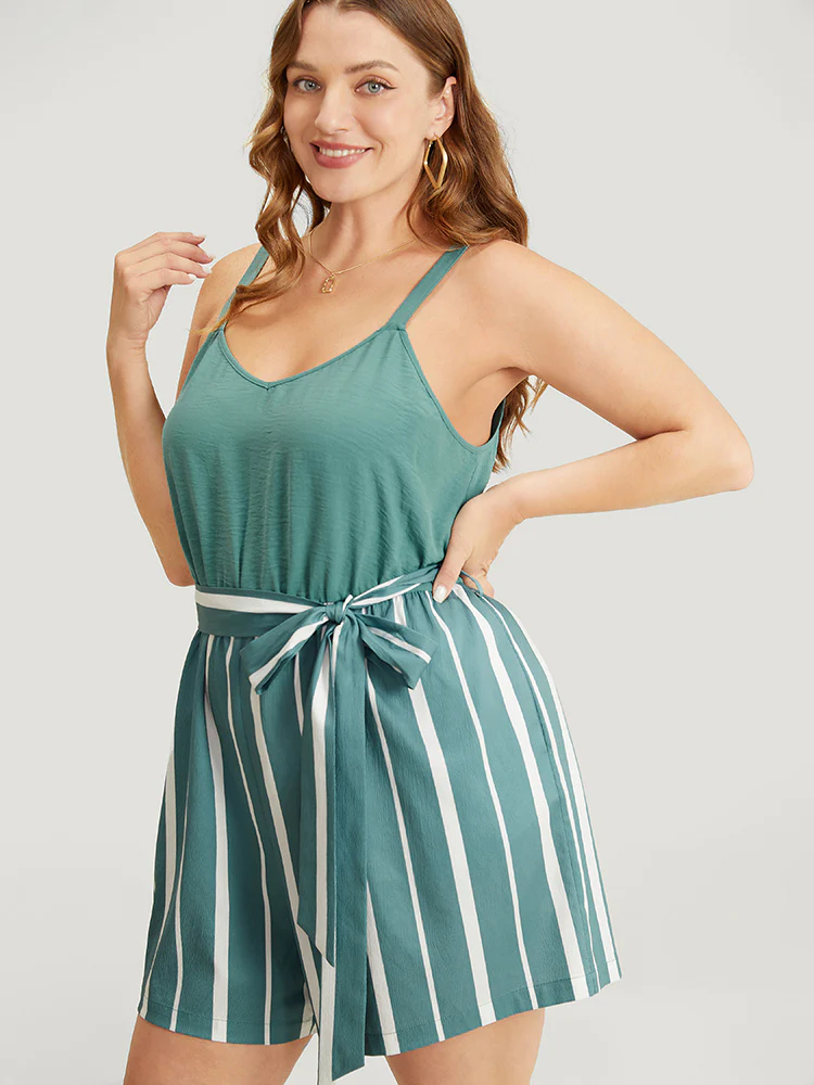 Striped Patchwork Belt Pocket Cami Romper - Image 4