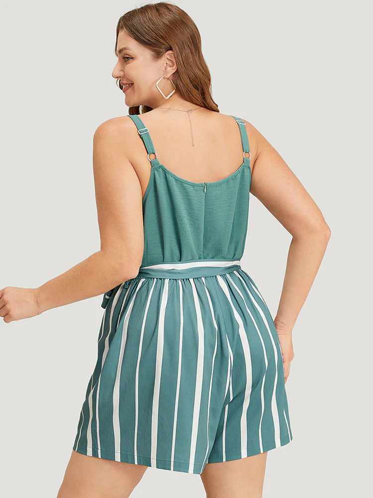 Striped Patchwork Belt Pocket Cami Romper - Image 5