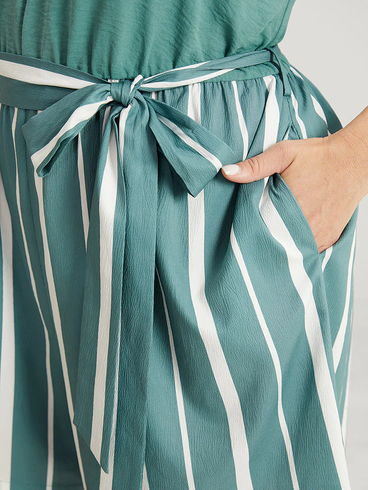 Striped Patchwork Belt Pocket Cami Romper - Image 8