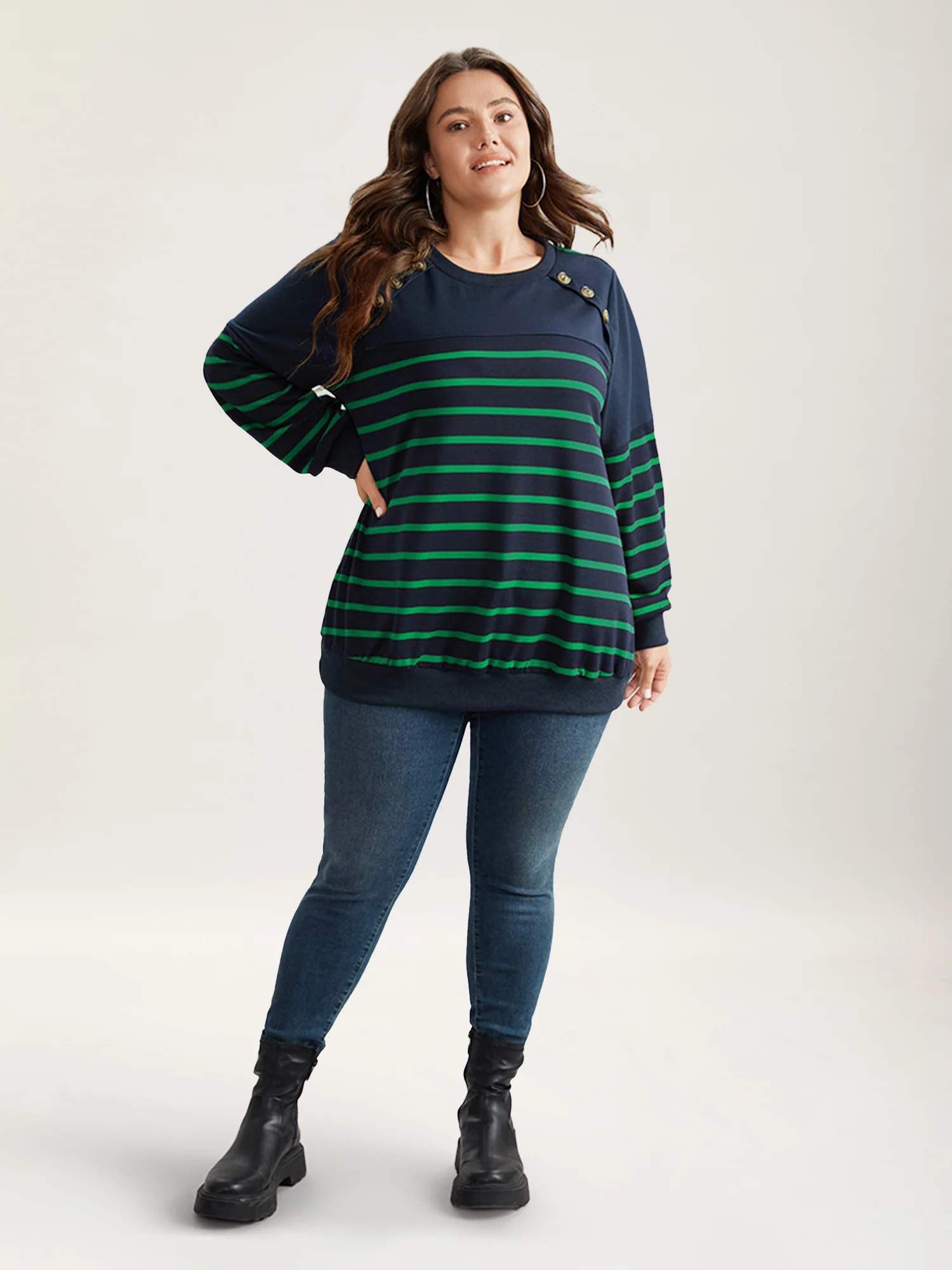 Striped Patchwork Button Detail Sweatshirt - Image 2
