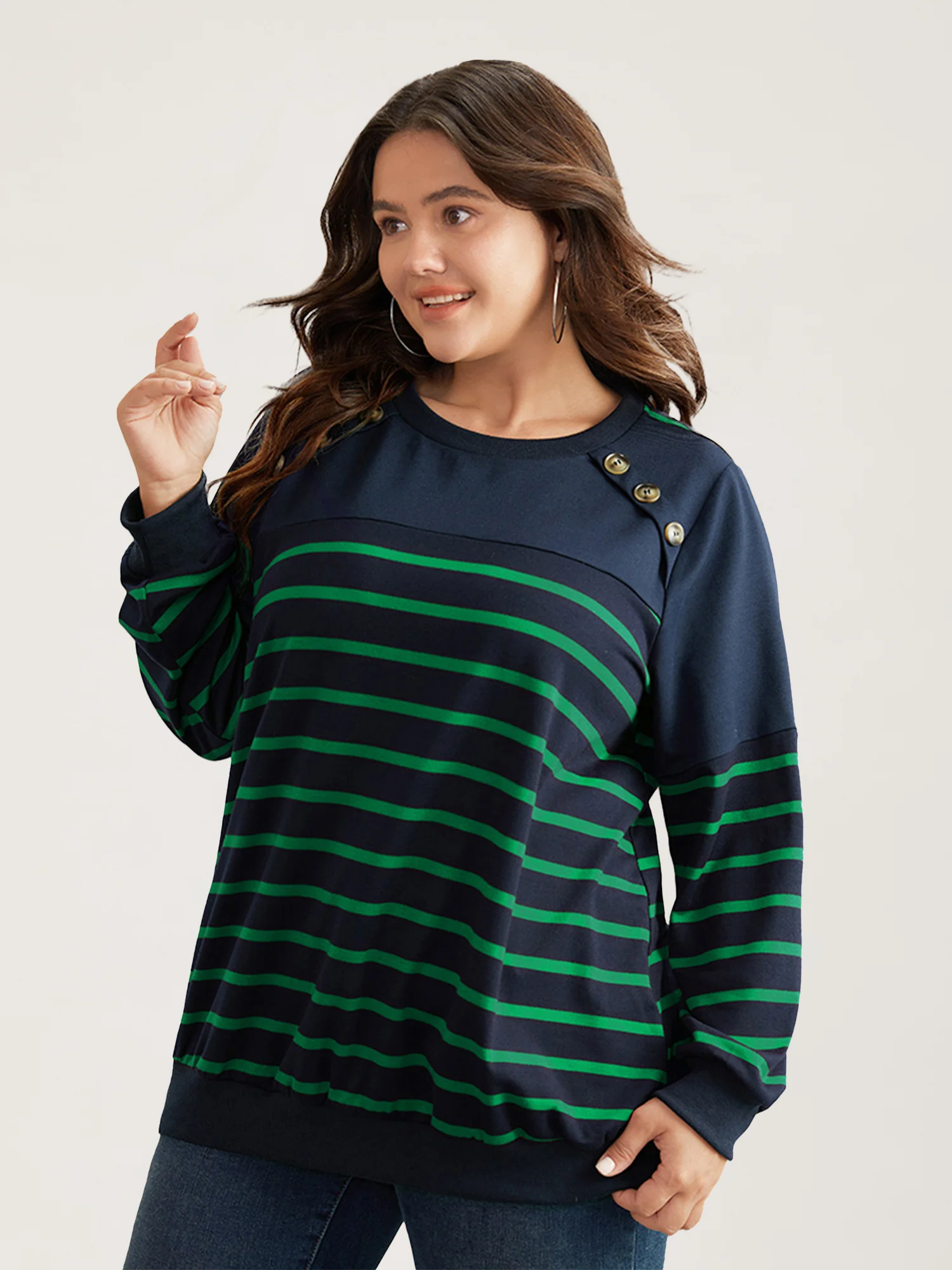 Striped Patchwork Button Detail Sweatshirt - Image 3