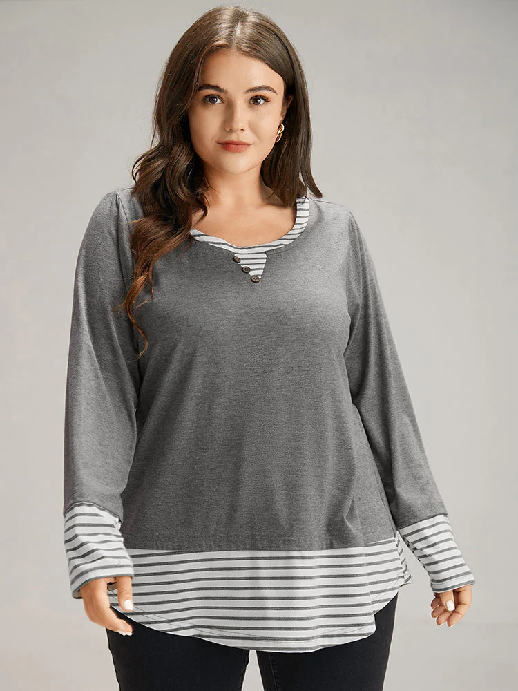 Striped Patchwork Button Detail T-shirt