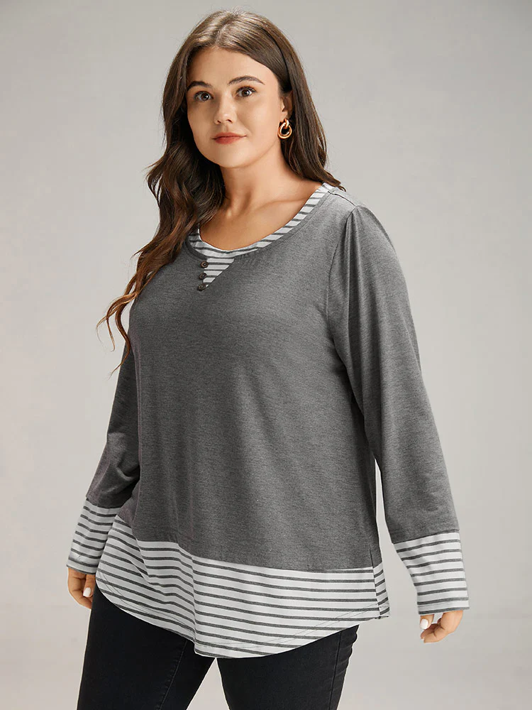 Striped Patchwork Button Detail T-shirt - Image 2