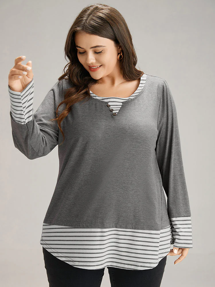Striped Patchwork Button Detail T-shirt - Image 3