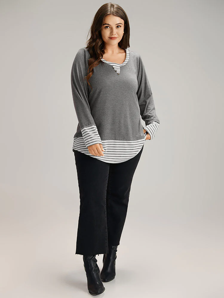 Striped Patchwork Button Detail T-shirt - Image 4