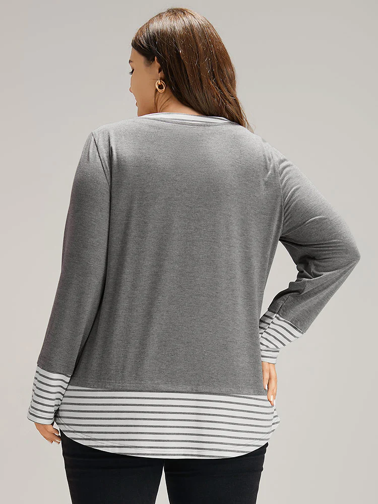 Striped Patchwork Button Detail T-shirt - Image 5